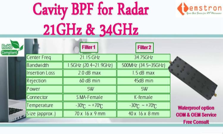 21GHz 34GHz cavity BPF for Radar