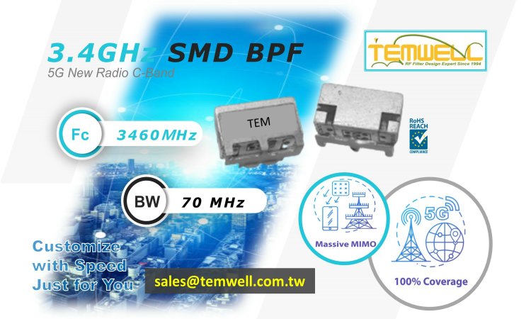 5G C-band 3460MHz RF SMD DR Bandpass Filter