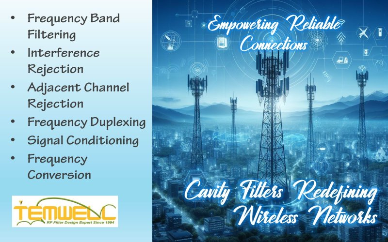 Temwell's cavity filter in mobile communication base system with the feature of  frequency band filtering, interference rejection, adjacent channel rejection, frequency duplexing, signal conditioning, frequency conversion