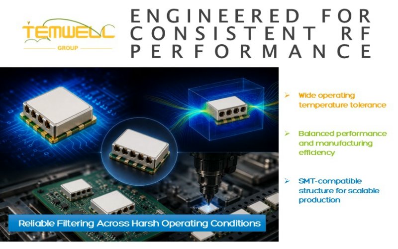 Temwell Group overview titled 'Engineered for Consistent RF Performance,' showcasing surface-mount technology (SMT) RF components and highlighting benefits including wide temperature tolerance, balanced manufacturing efficiency, and scalable production.