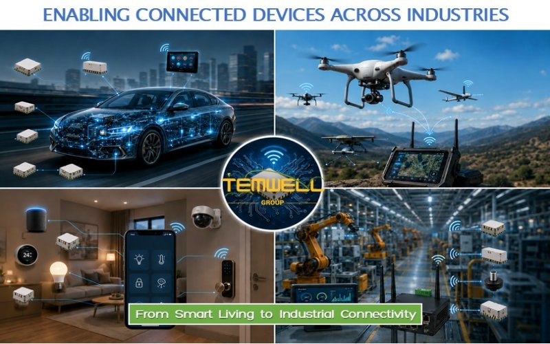At Temwell Group, we enable connected devices across industries. This image shows how our RF components power applications from smart living to industrial connectivity, including connected cars, drones, smart homes, and automated factories.