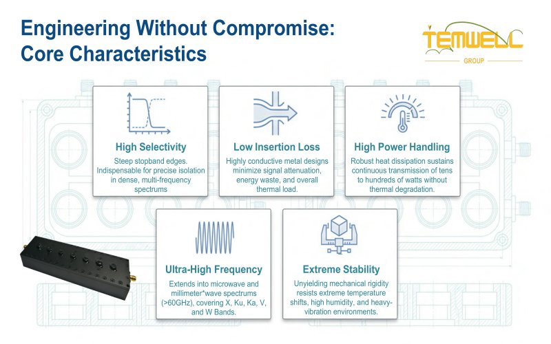 TEMWELL RF filter technology features including high selectivity, low insertion loss, high power handling, ultra-high frequency support (>60GHz), and stable performance for microwave, millimeter-wave, and multi-frequency communication systems.