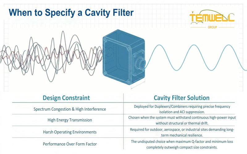 Temwell Group guide explaining when to specify a cavity filter based on four design constraints: interference, high power, harsh environments, and performance.