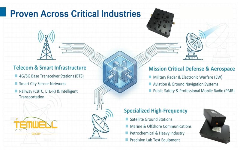 Temwell Group overview showing RF component products and their key applications in telecom, defense, aerospace, and high-frequency industries.