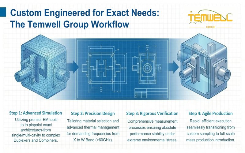 Temwell Group workflow overview titled 'Custom Engineered for Exact Needs,' featuring 3D models and technical blueprints that illustrate a four-step engineering process: Advanced Simulation, Precision Design, Rigorous Verification, and Agile Production.